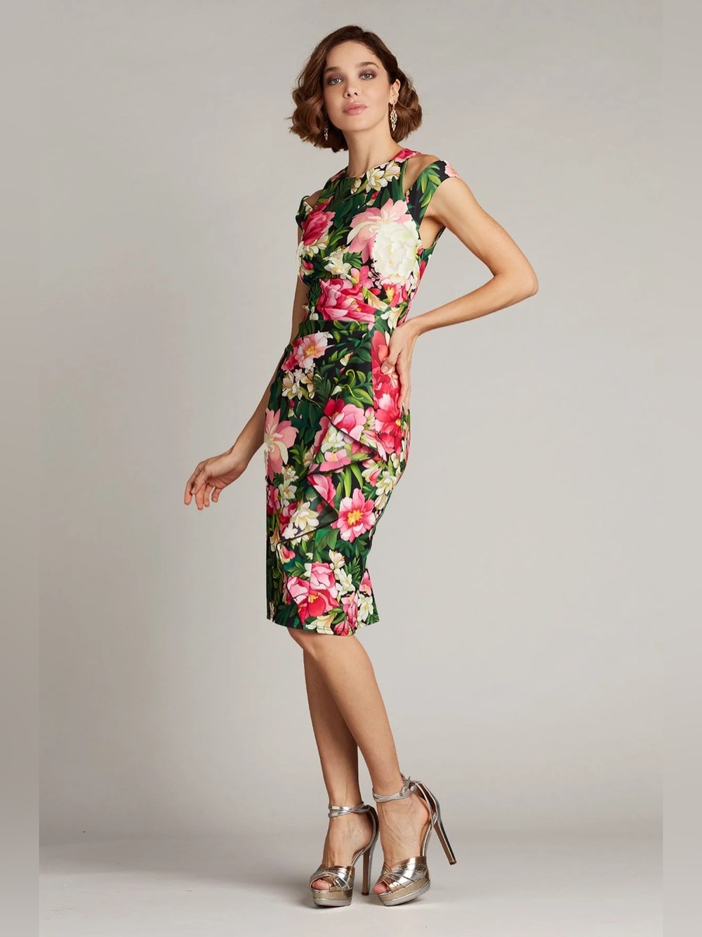 Tadashi floral shoulder cut out fitted sheath dress Zora XS NWT